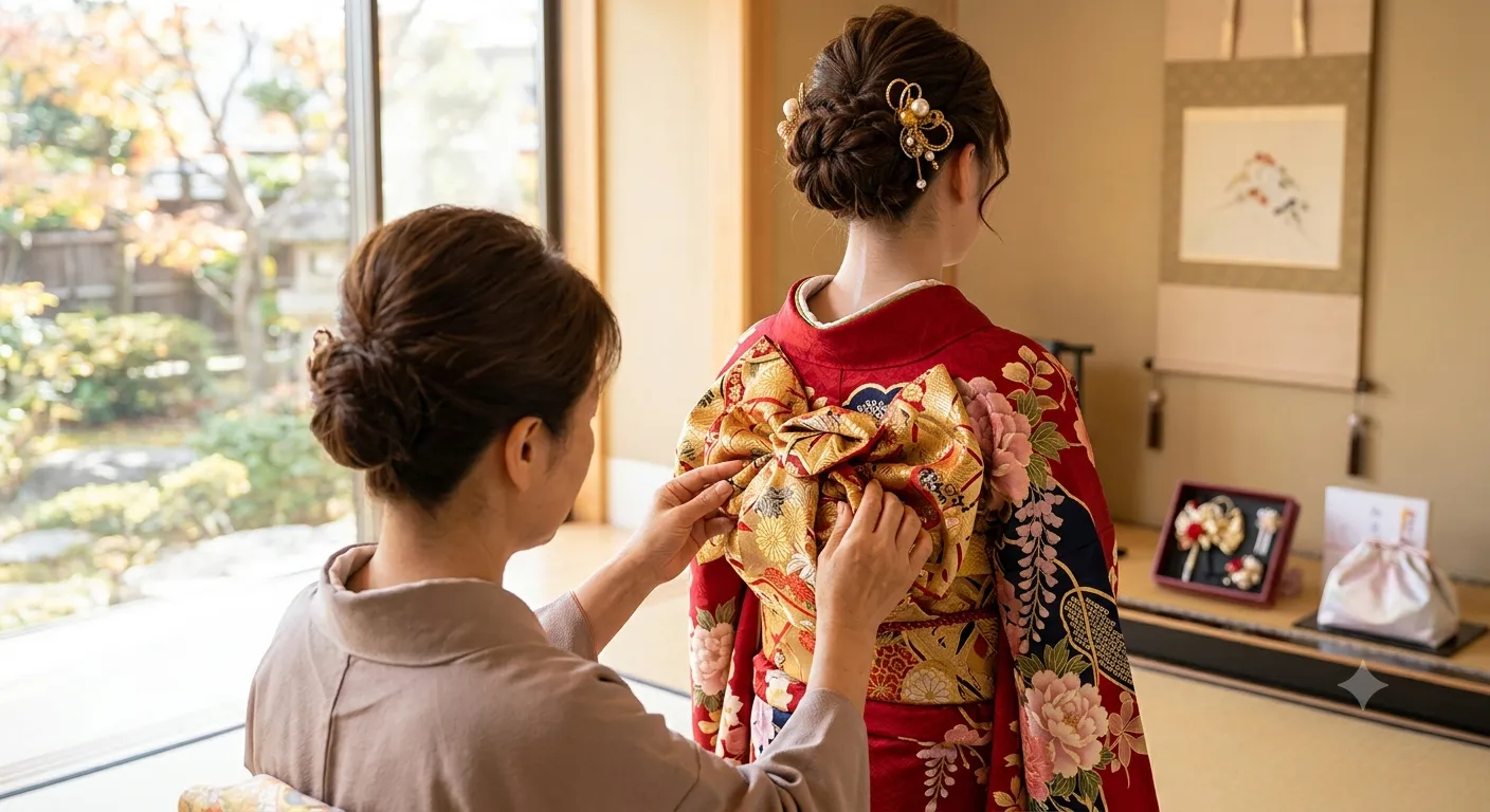 成人式の振袖を着せ付けるお母様の手元と後ろ姿の帯結び