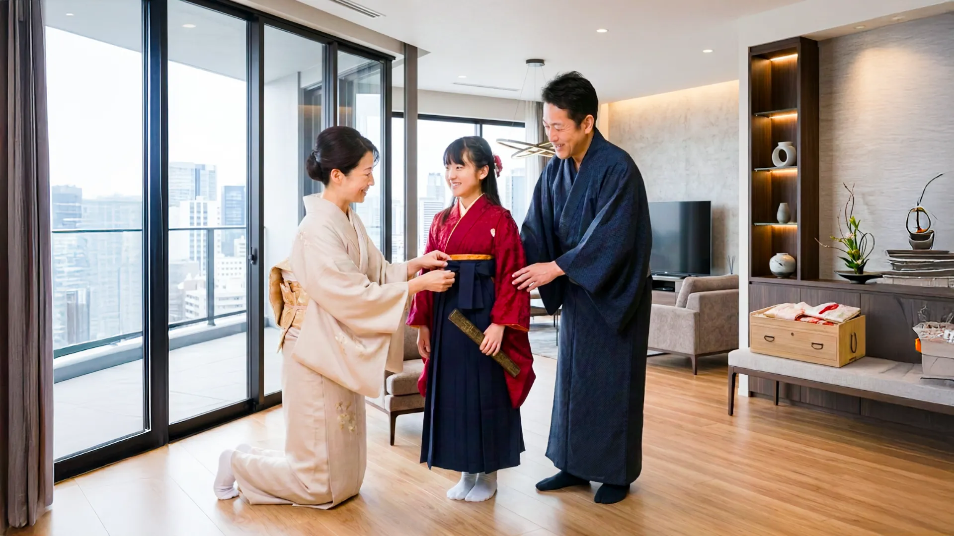卒業式に母が自分で着せる卒業袴着付けレッスン(横浜)のアイキャッチ画像。和室で母親と父親が笑顔で娘に卒業袴を着せている風景